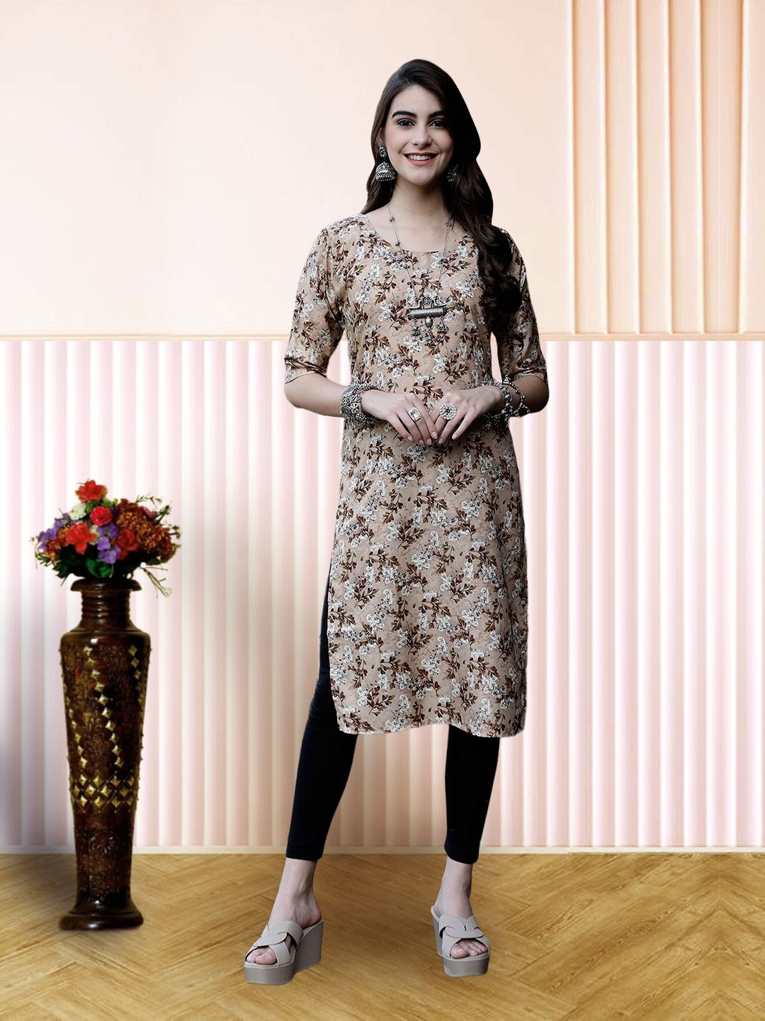 

7Threads Women Ethnic Motifs Printed Floral Crepe Kurta, Beige