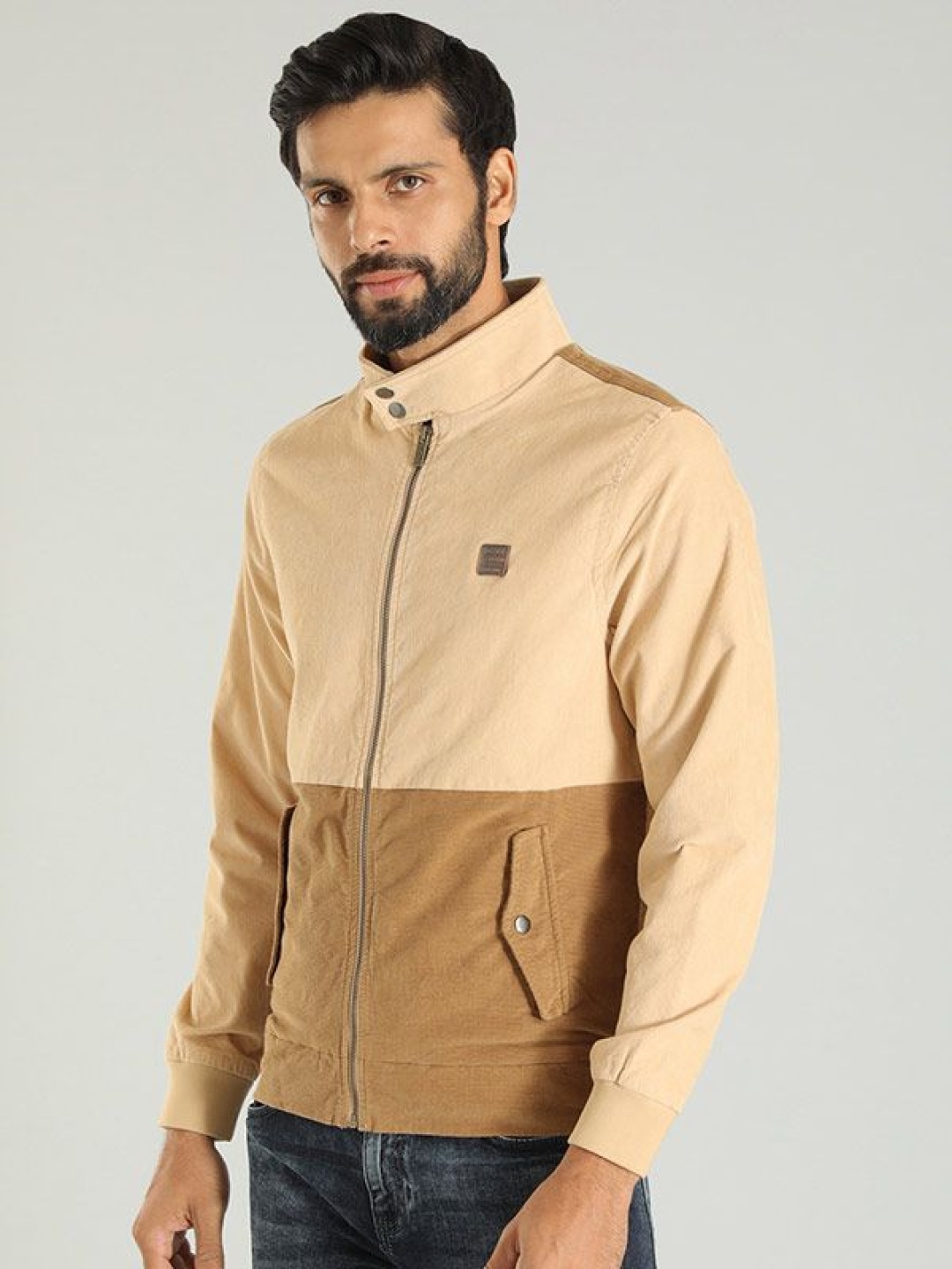 

Indian Terrain Men Stand Collar Colourblocked Cotton Casual Insulator Bomber Jacket, Beige