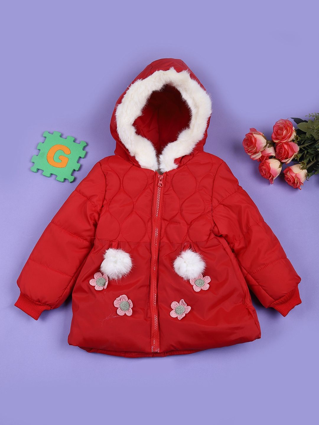 

V-Mart Girls Hooded Solid Cotton Casual Parka Jacket, Red