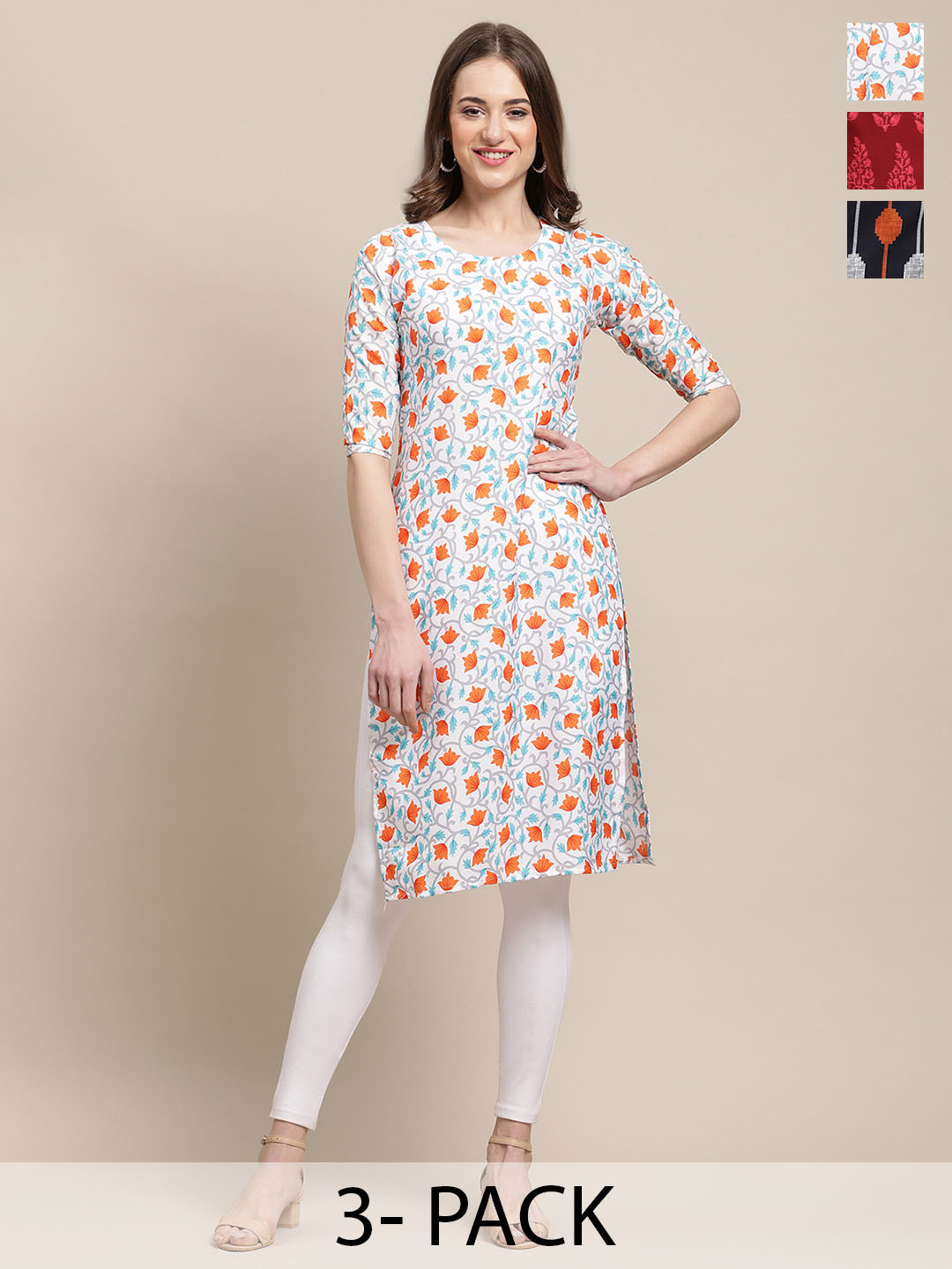 

7Threads Selection Of 3 Floral Printed Straight Kurta, Blue