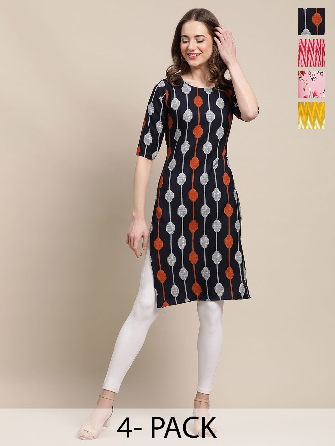 

7Threads Pack Of 4 Ethnic Motifs Printed Round Neck Straight Crepe Kurta, Navy blue