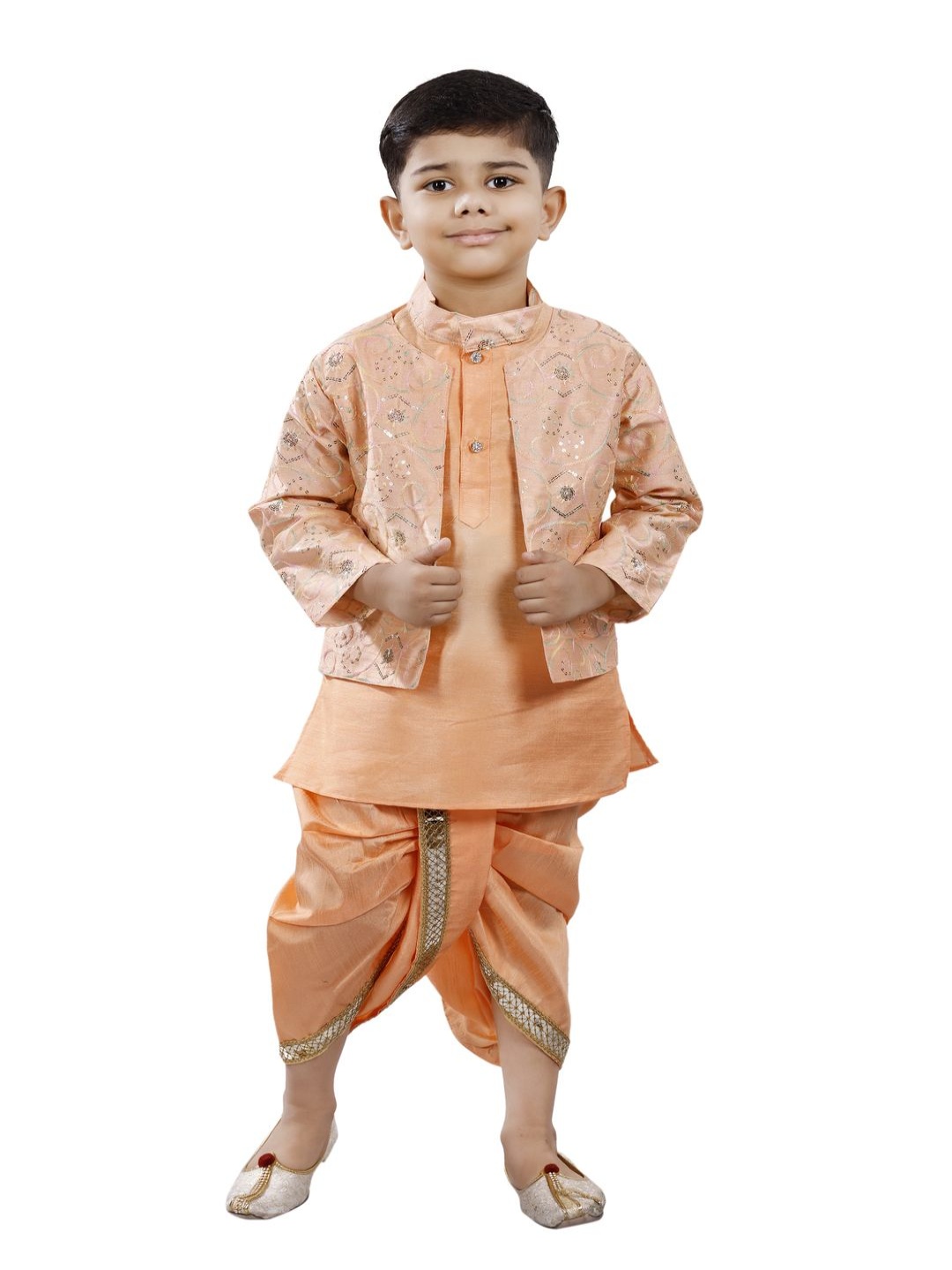 

BAESD Boys Mandarin Collar Kurta with Dhoti Pants & Jacket, Orange