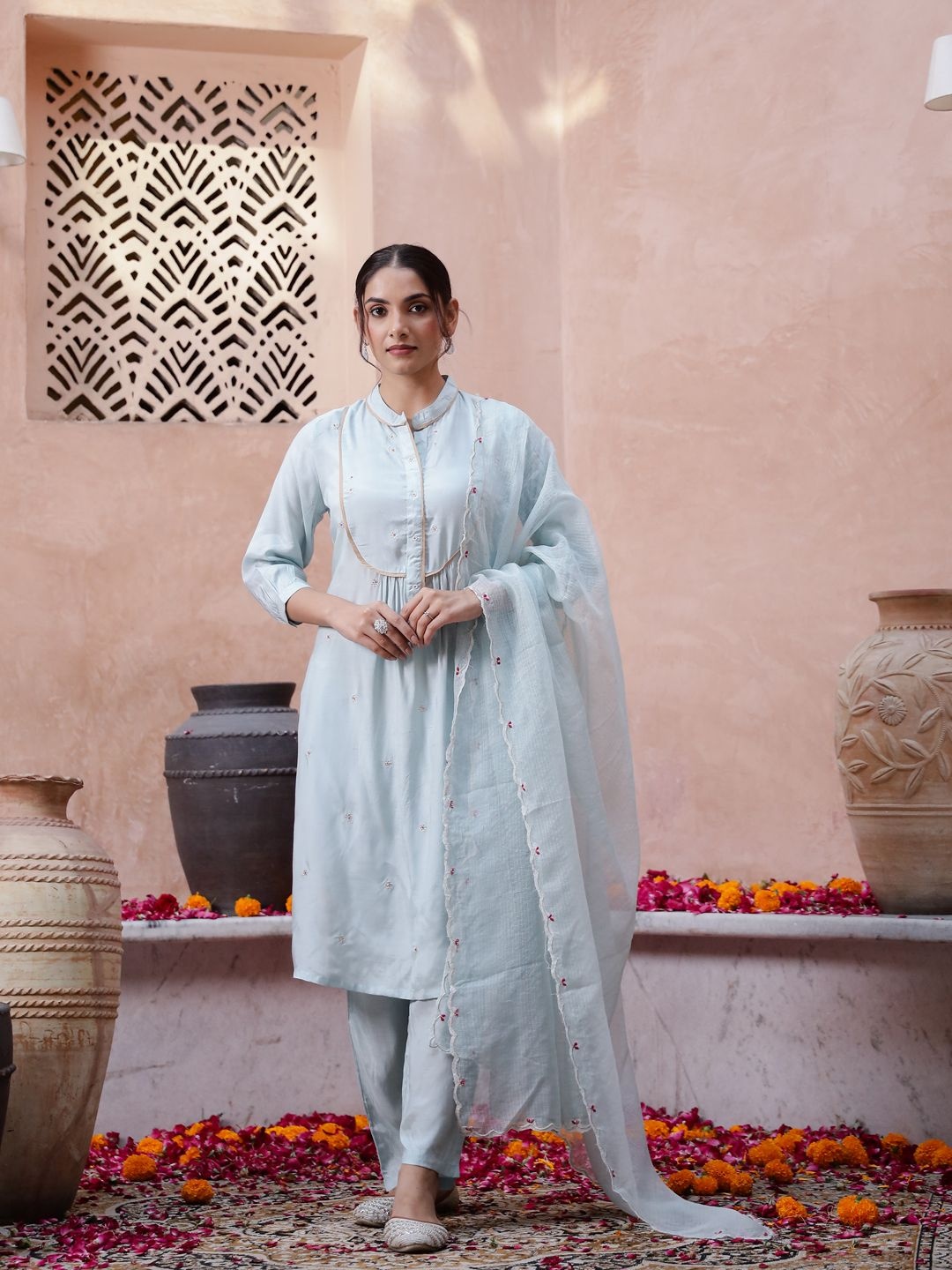 

Sangria Floral Embroidered Kurta With Trousers & Dupatta, Blue