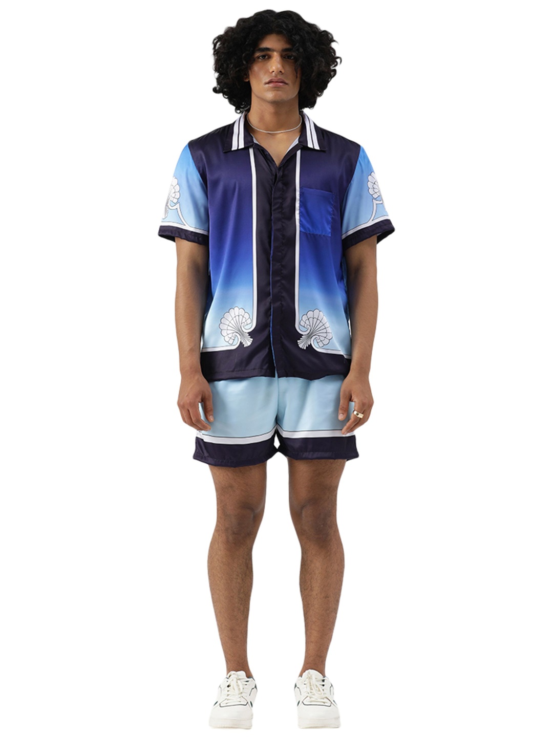 

CLUBHAVANA Sun & Sand Colourblocked Premium Soft Satin Shirt With Shorts, Navy blue