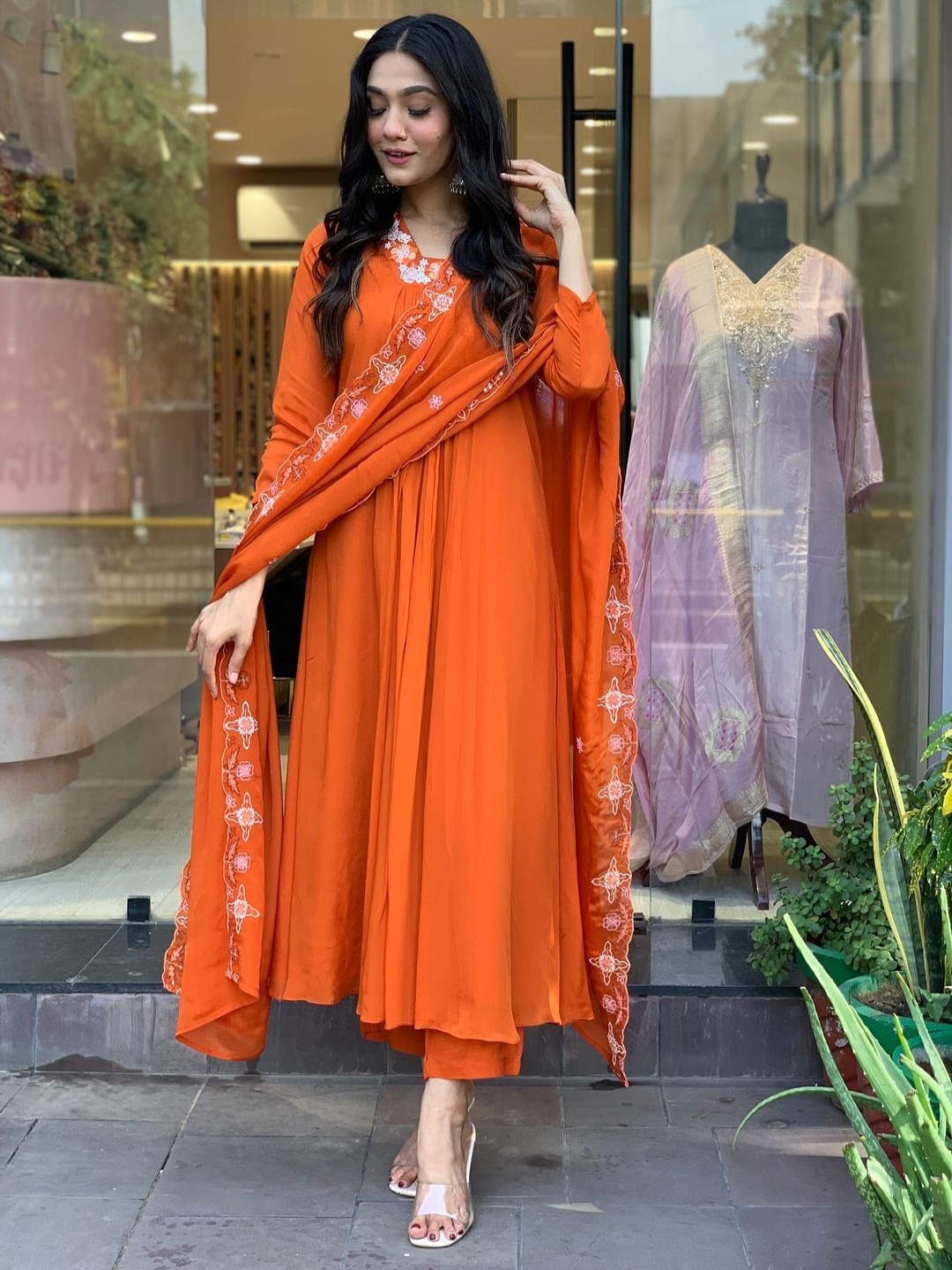 

GoSriKi Floral Embroidered Anarkali Kurta with Trousers & Dupatta, Orange