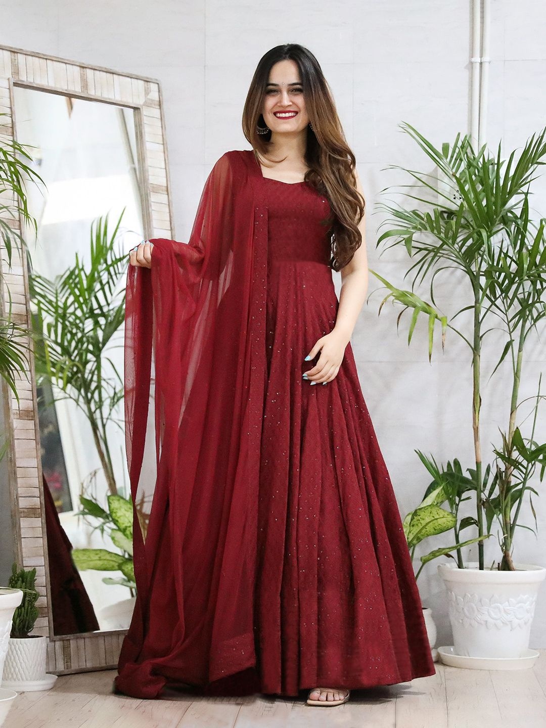 

KALINI Women Embroidered Gown Maxi Ethnic Dresses With Dupatta, Maroon