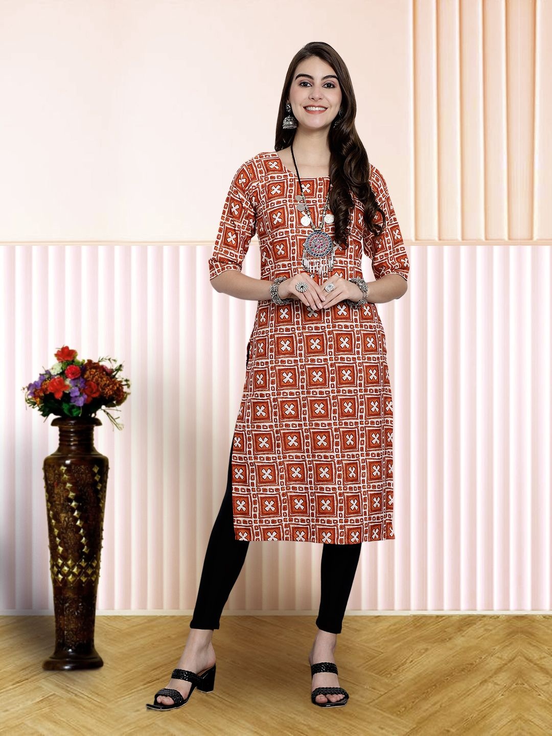

7Threads Women Ethnic Motifs Printed Floral Crepe Kurta, Orange