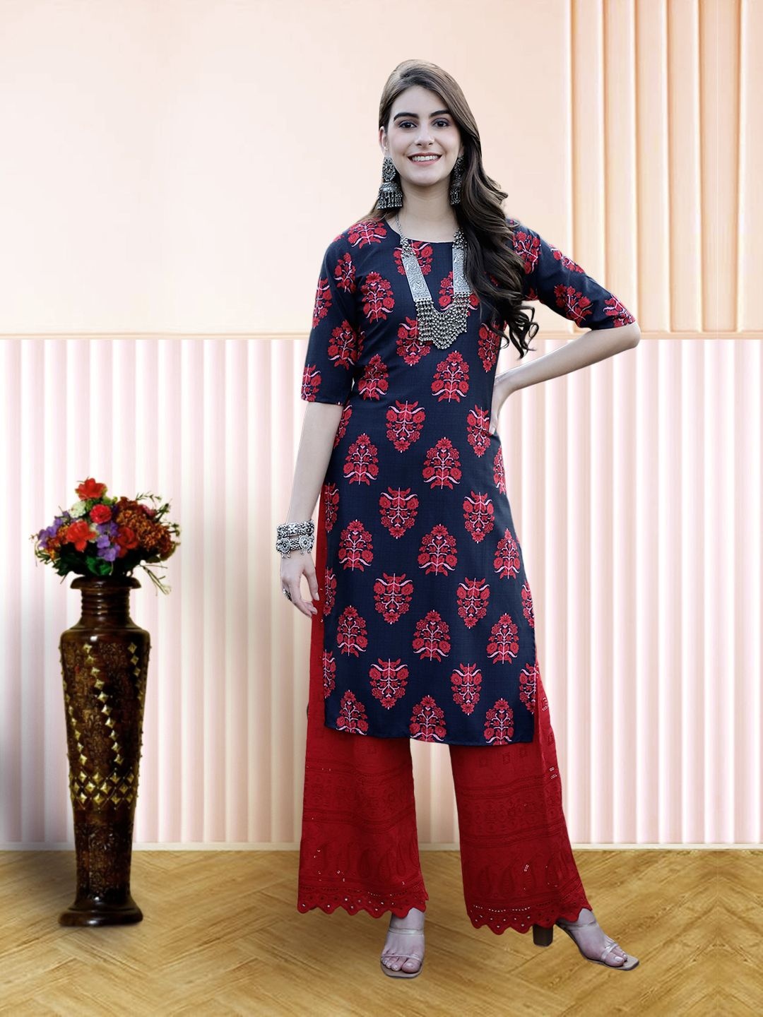 

7Threads Women Ethnic Motifs Printed Floral Crepe Kurta, Blue