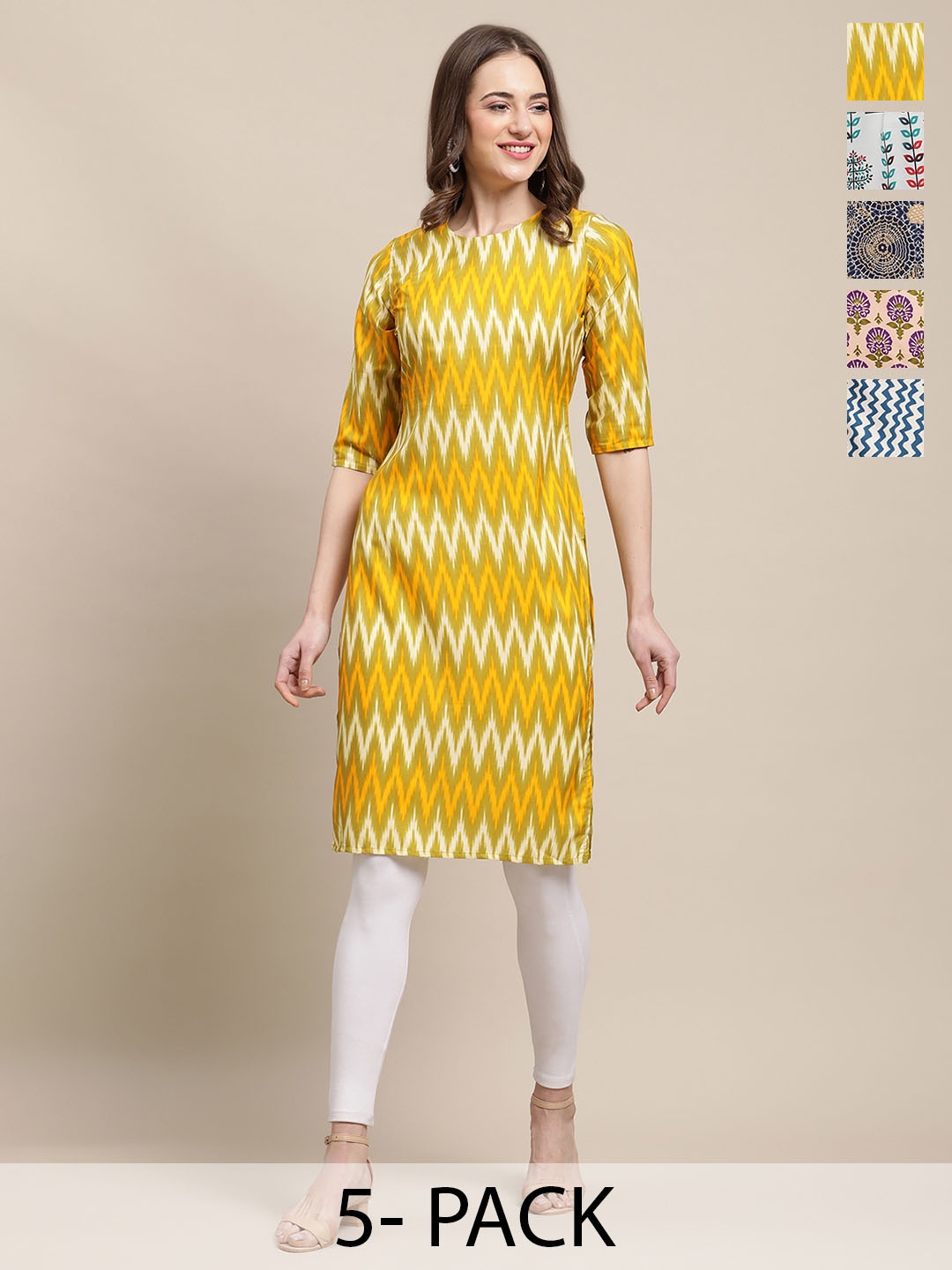 

7Threads Selection Of 5 Ethnic Motifs Printed Straight Kurtas, Yellow
