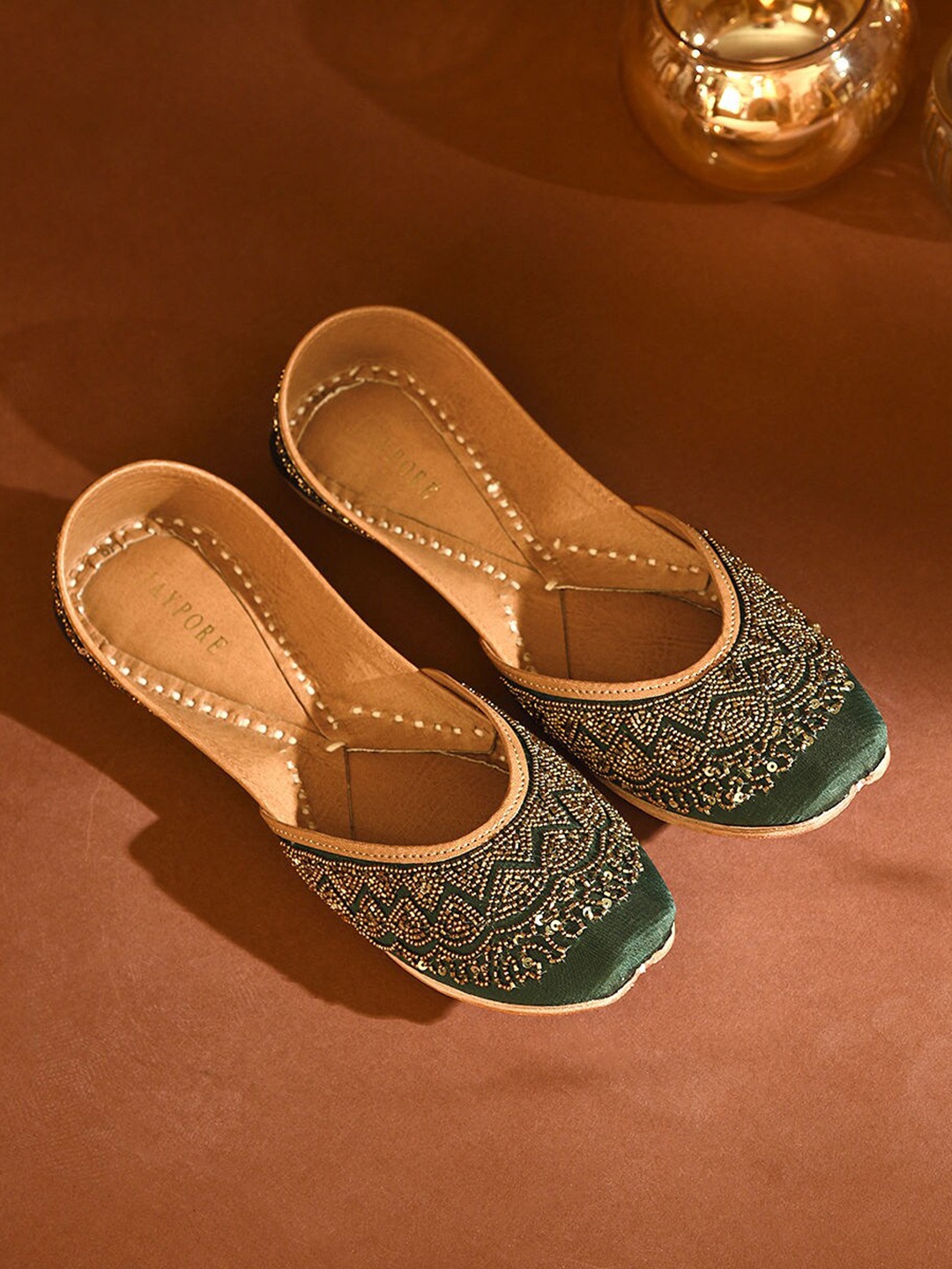

JAYPORE Women Embroidered Mojaris Flats, Green