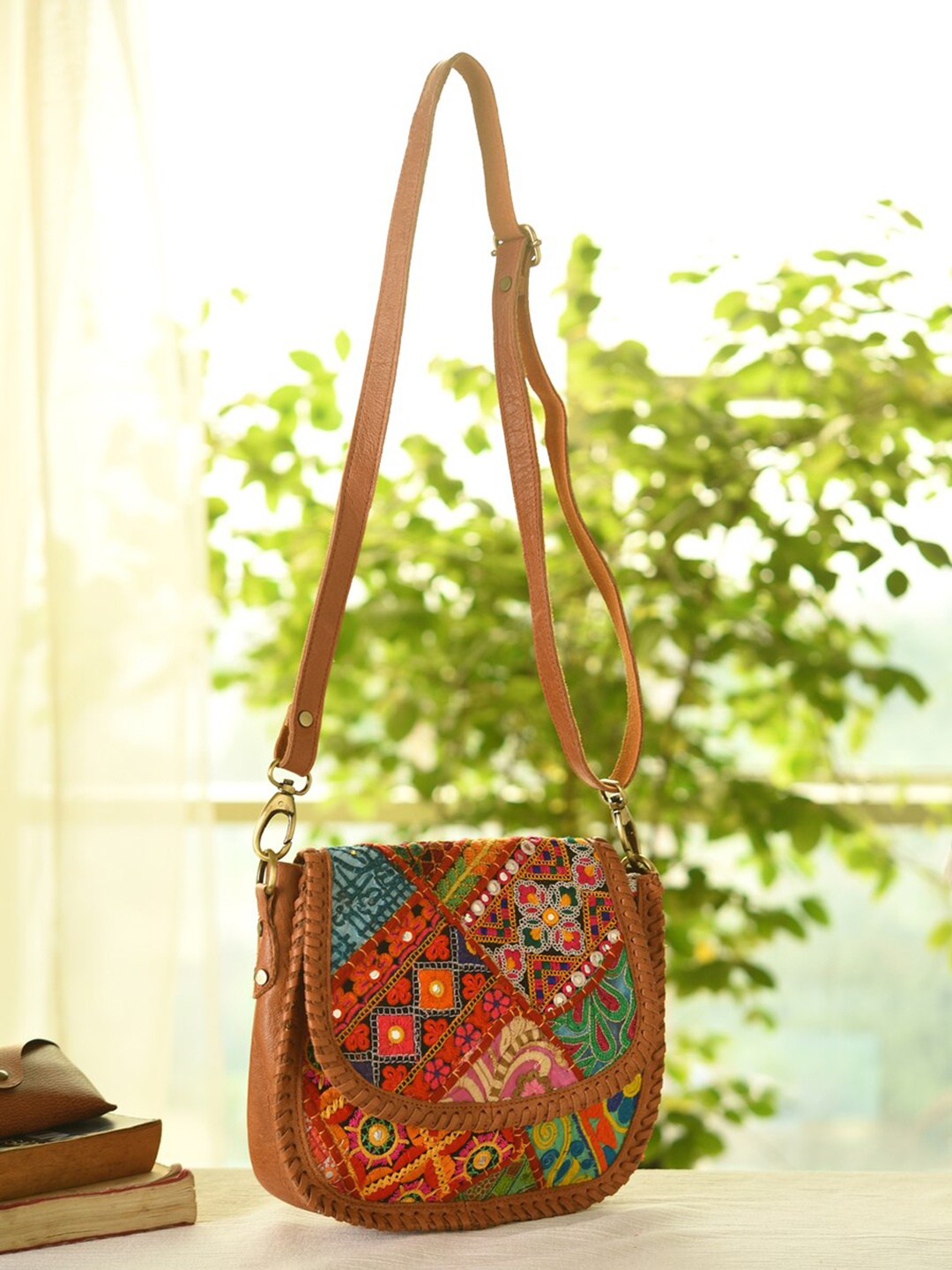 

JAYPORE Women Floral Printed Crossbody Leather Sling Bag, Brown