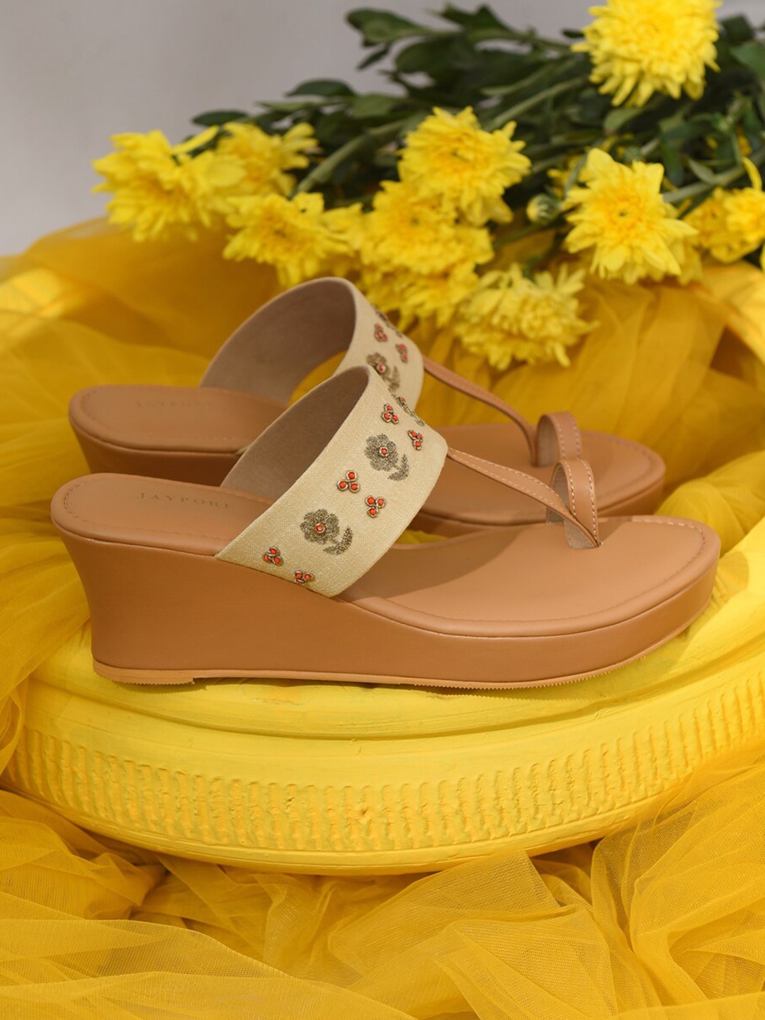 

JAYPORE Embellished Leather Ethnic Wedge Sandals, Beige