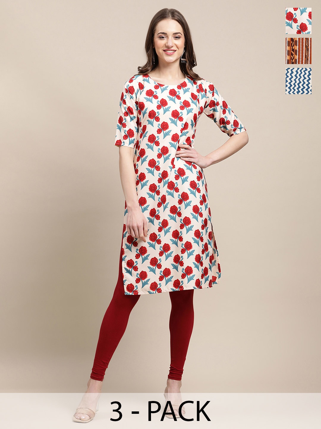 

7Threads Selection Of 3 Floral Printed Round Neck Kurta, Red