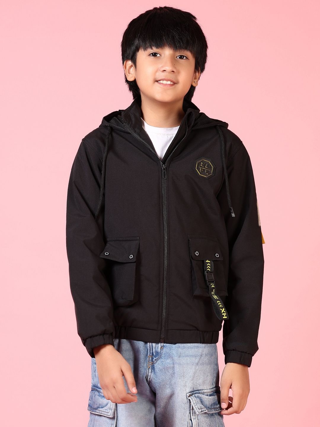 

V-Mart Boys Hooded Solid Cotton Casual Bomber Jacket, Black