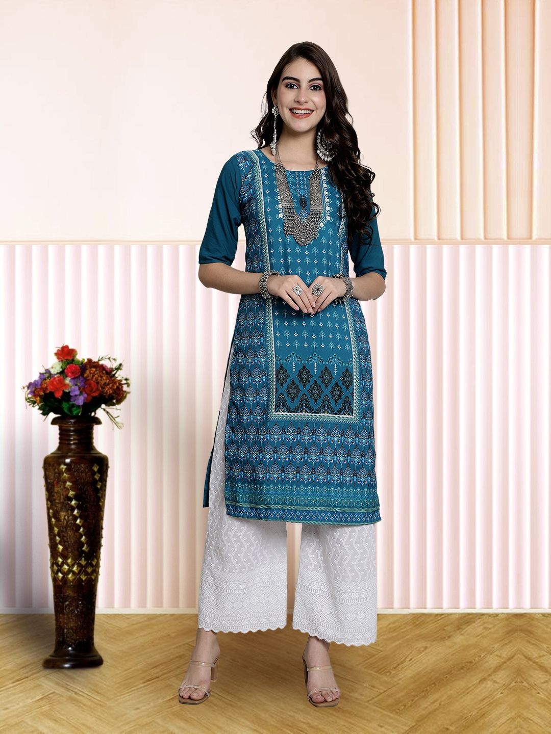 

7Threads Women Ethnic Motifs Printed Floral Crepe Kurta, Blue