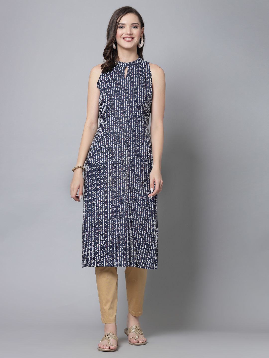 

kipek Women Keyhole Neck Floral Kurta, Blue