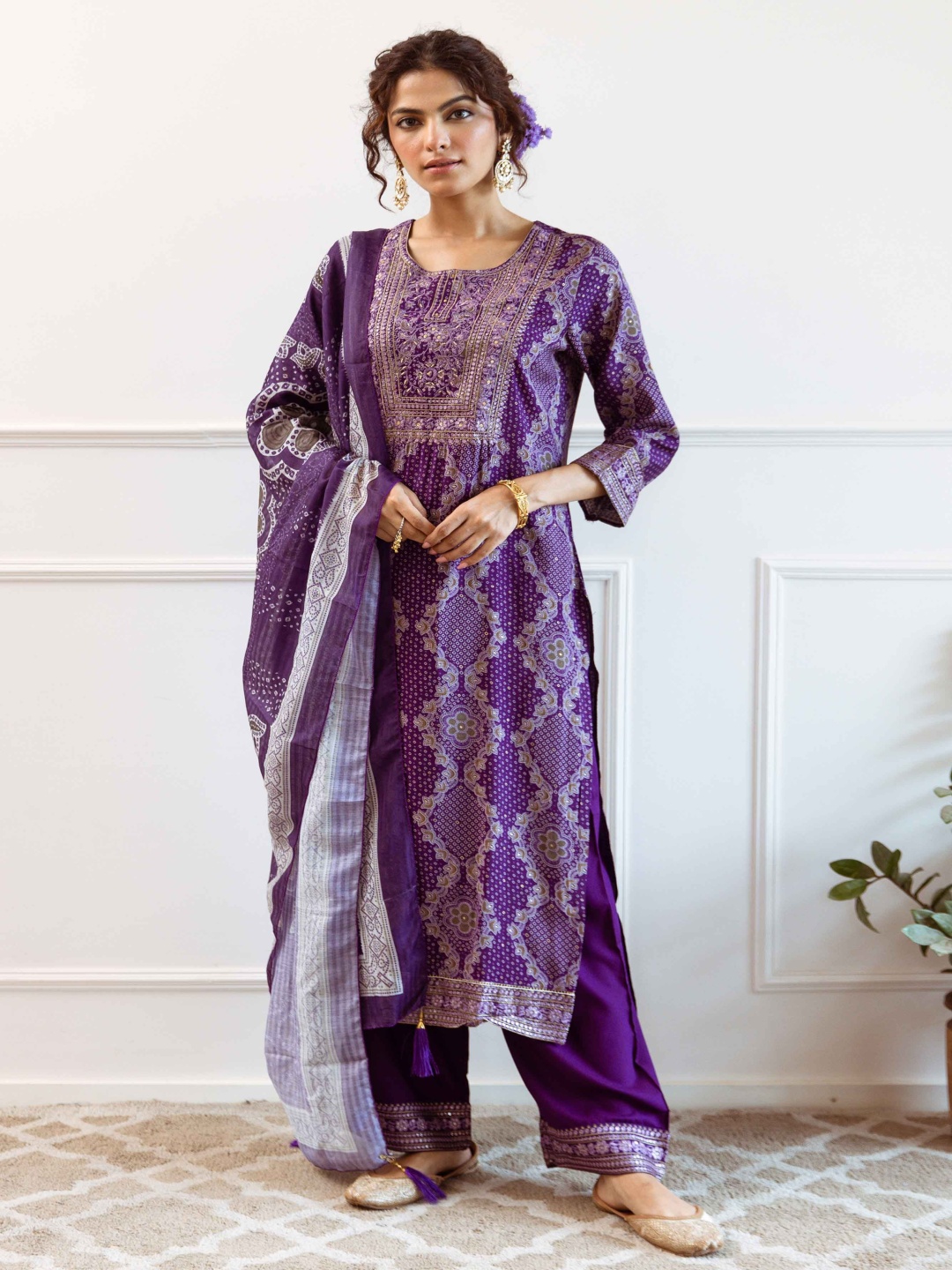 

KALINI Women Bandhani Embroidered Pleated Sequinned Kurta with Palazzos & With Dupatta, Blue