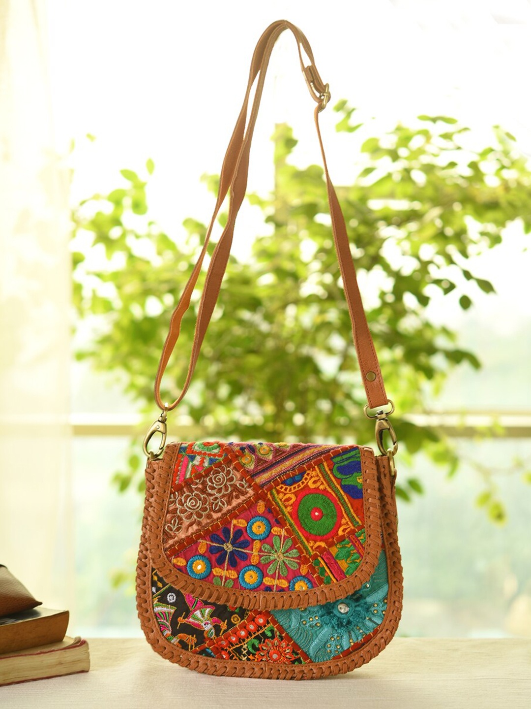 

JAYPORE Women Floral Printed Crossbody Leather Sling Bag, Brown