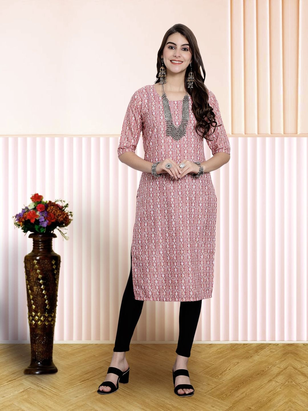 

7Threads Women Ethnic Motifs Printed Floral Crepe Kurta, Pink