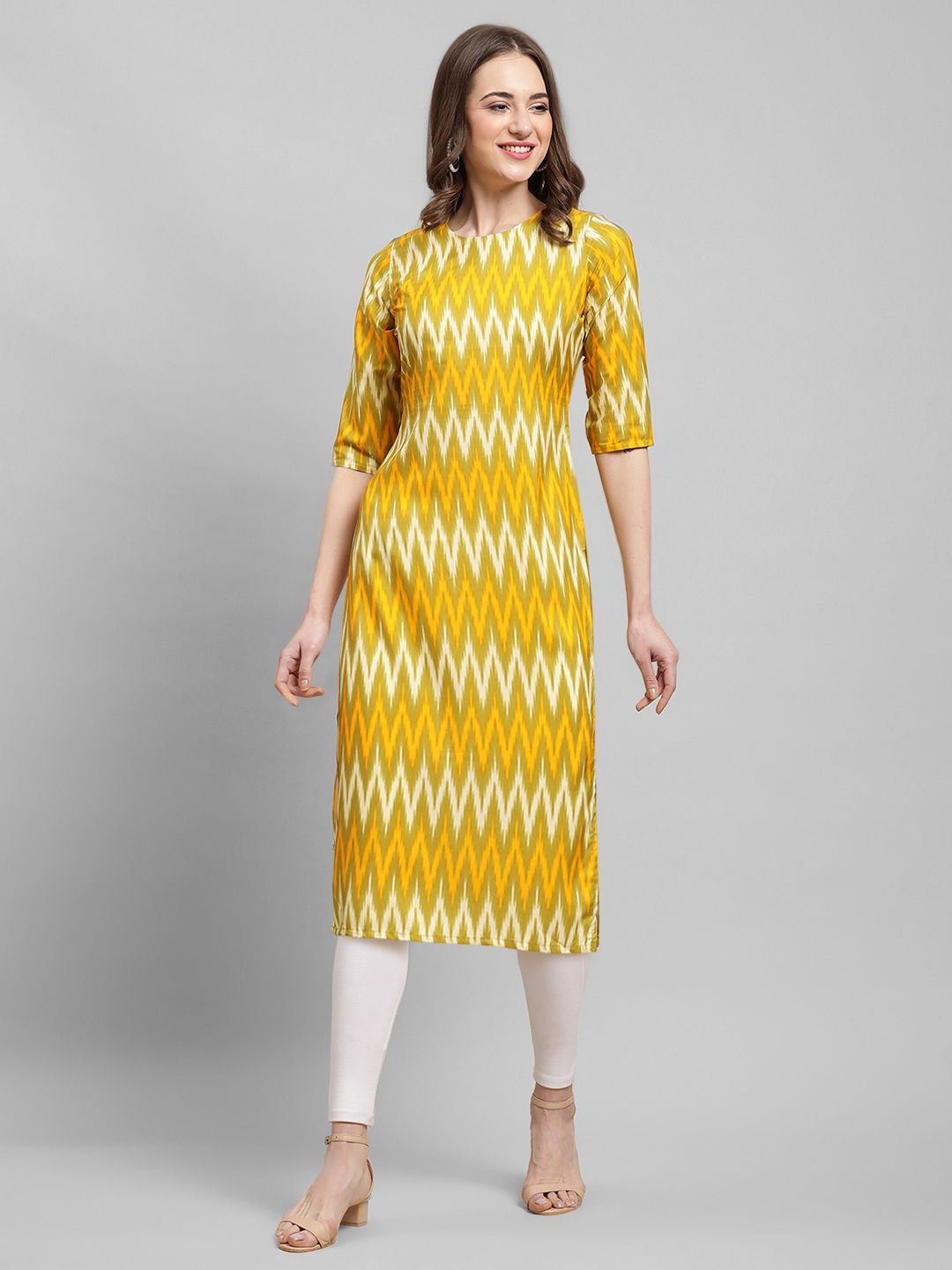 

7Threads Women Ethnic Motifs Printed Thread Work Floral Crepe Kurta, Yellow