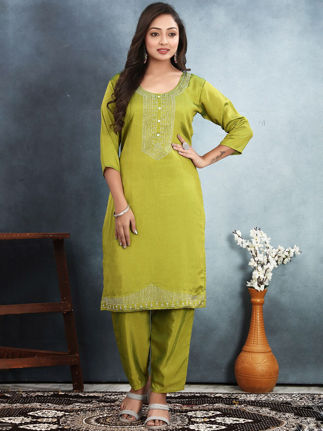 

Lilots Women Floral Yoke Design Layered Kurta with Trousers, Olive