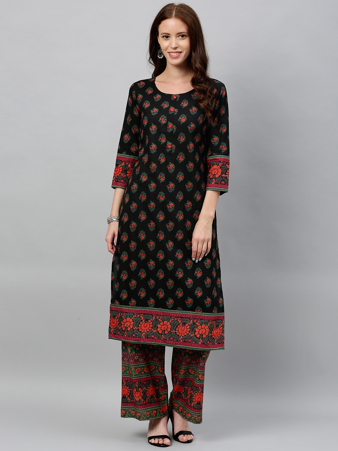 

kipek Women Floral Printed Regular Pure Cotton Kurta with Palazzos, Black