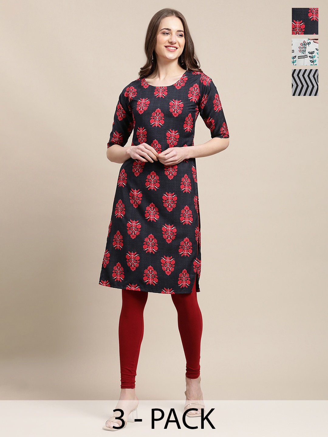 

7Threads Selection of 3 Floral Printed Crepe Straight Kurta, Black