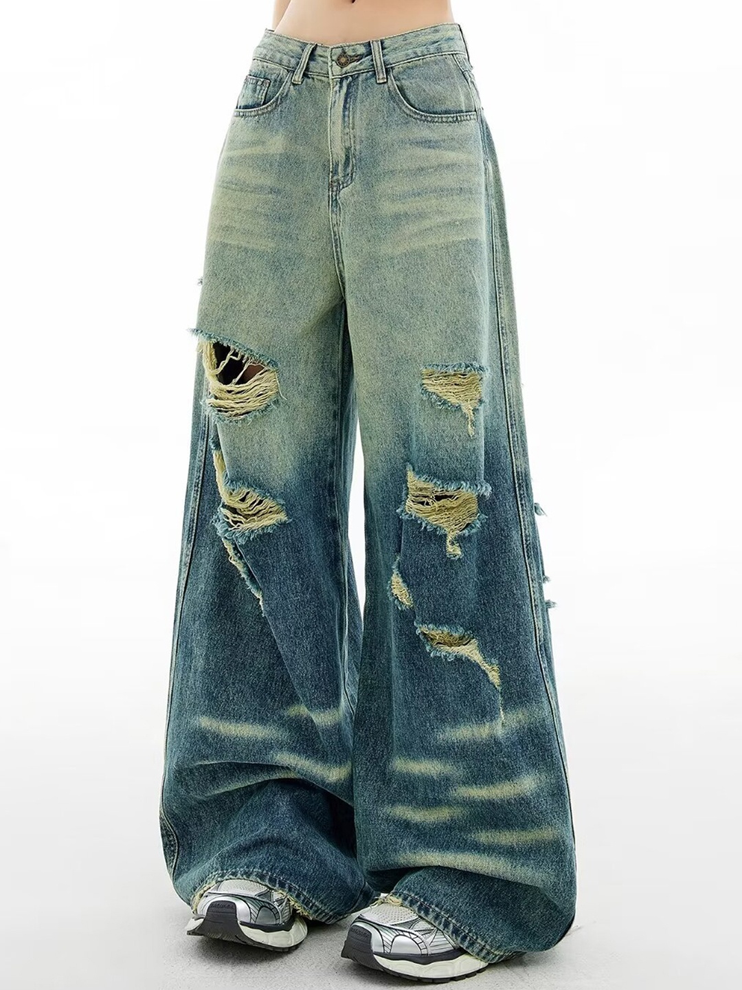 

LULU & SKY Women High Distress Wide Leg Low-Rise Jeans, Blue