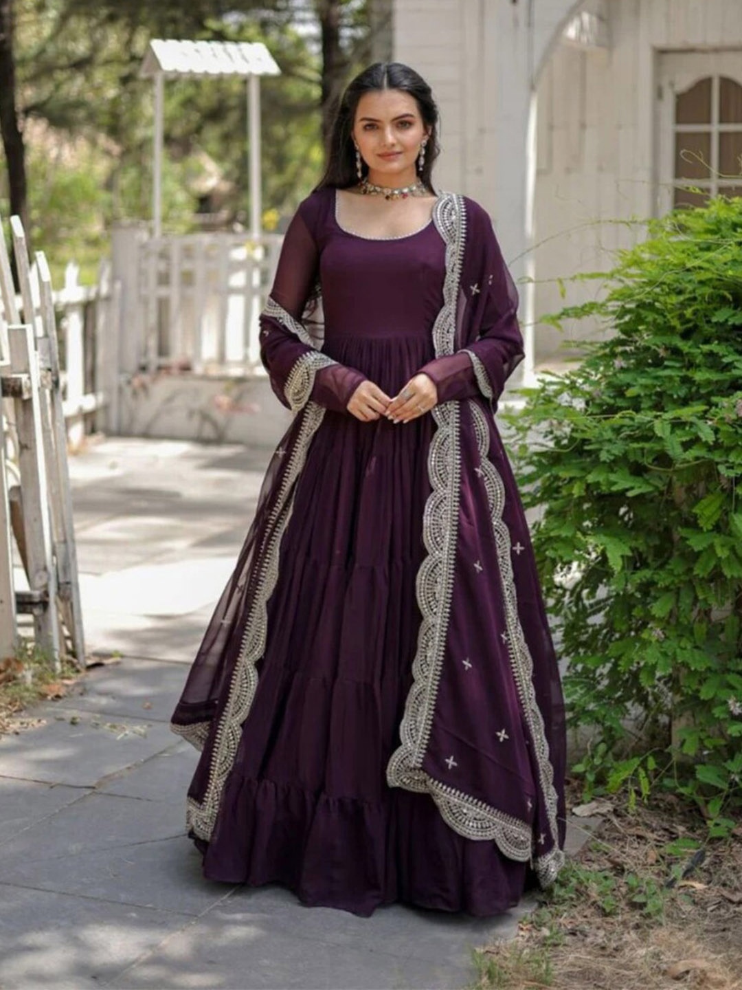 

Fashionuma Round Neck Georgette Tiered Anarkali Kurta with Trouser & Dupatta, Purple