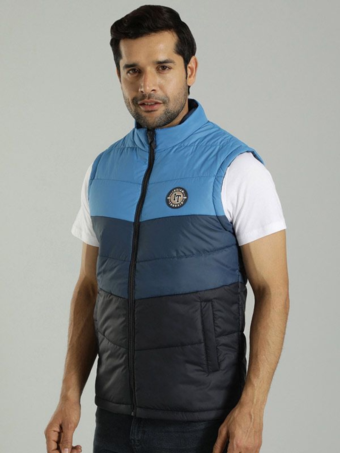 

Indian Terrain Men Mock Collar Colourblocked Casual Insulator Gilet Jacket, Blue