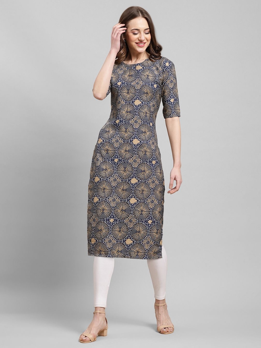 

7Threads Women Ethnic Motifs Printed Floral Crepe Kurta, Blue