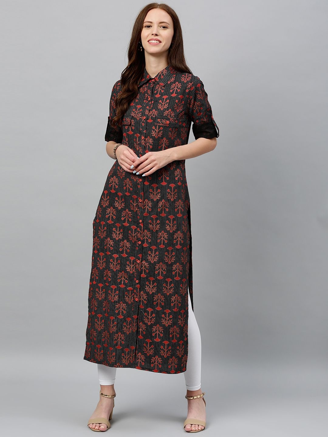 

kipek Women Ethnic Motifs Floral Kurta, Black