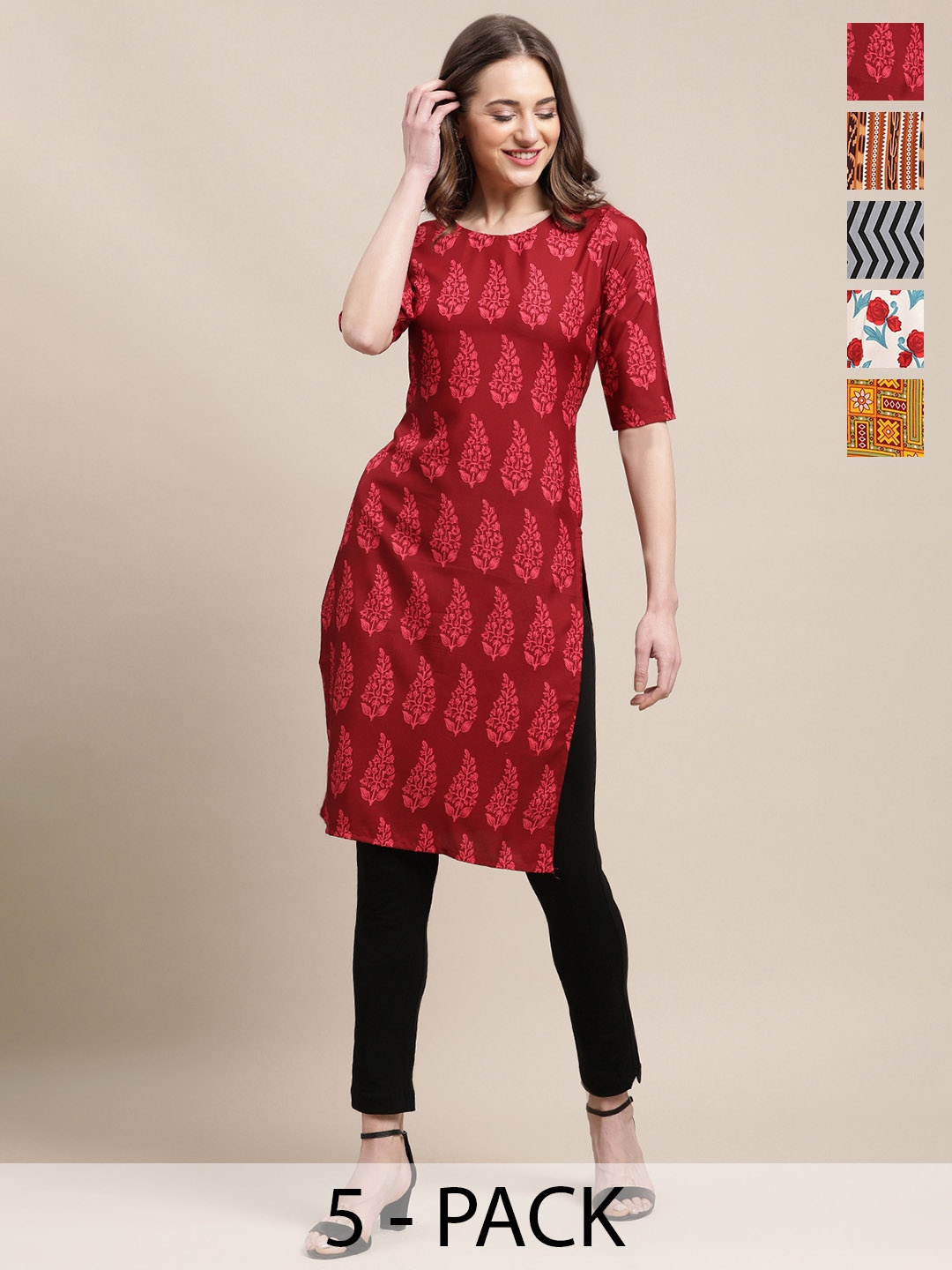 

7Threads Selection Of 5 Floral Printed Round Neck Kurtas, Red