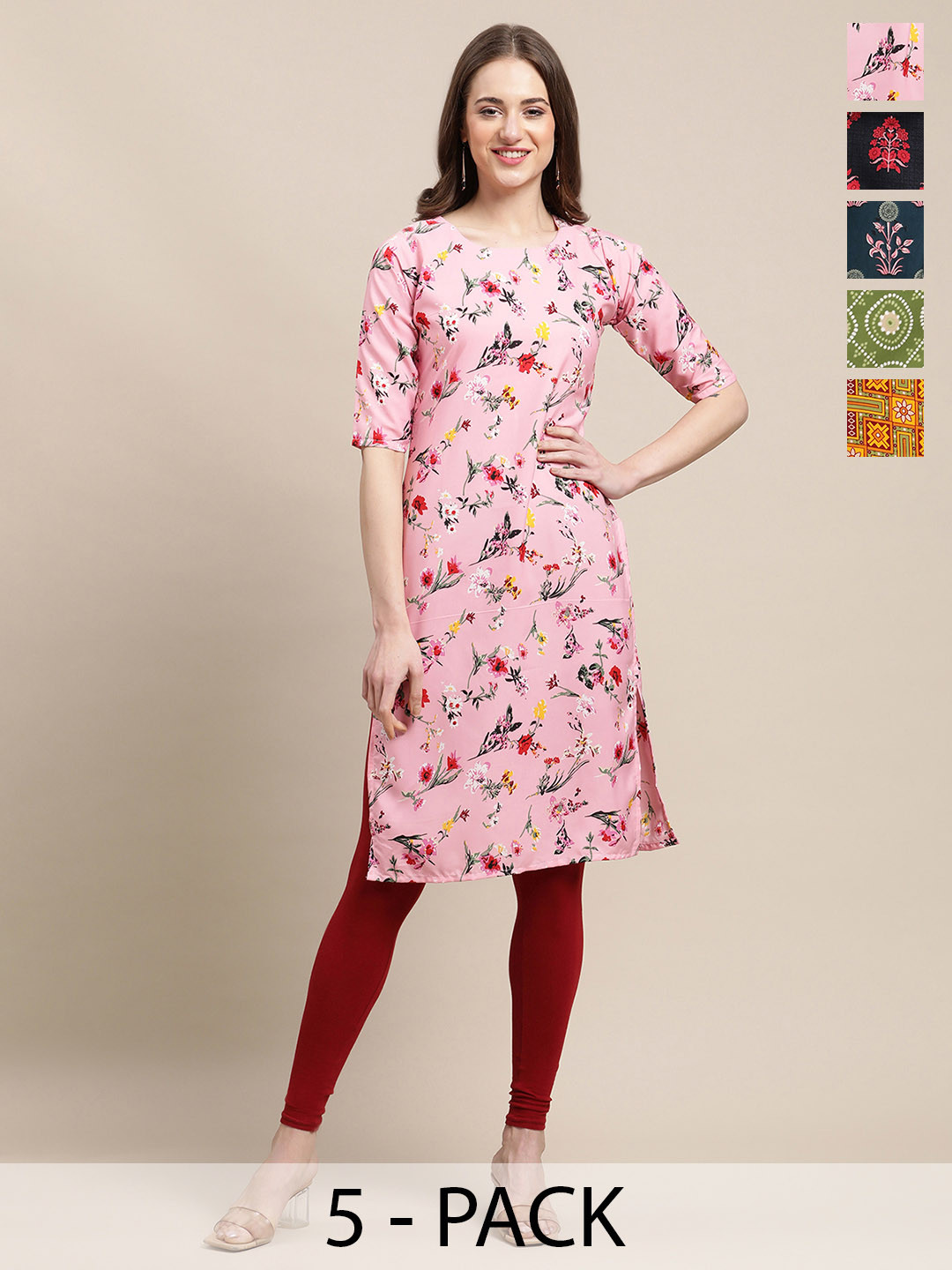 

7Threads Selections Of 5 Floral Printed Kurtas, Pink