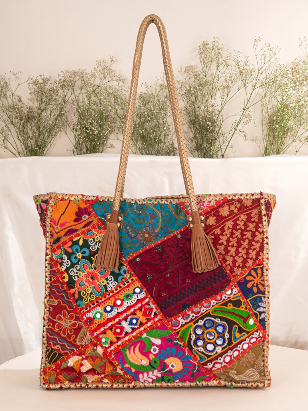 

JAYPORE Women Floral Printed Structured Leather Shoulder Bag, Brown