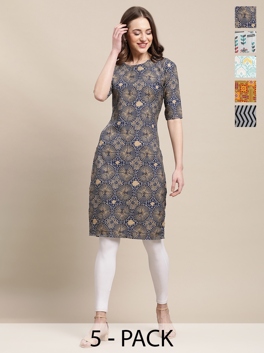

7Threads Selection of 5 Floral Printed Crepe Straight Kurta, Blue