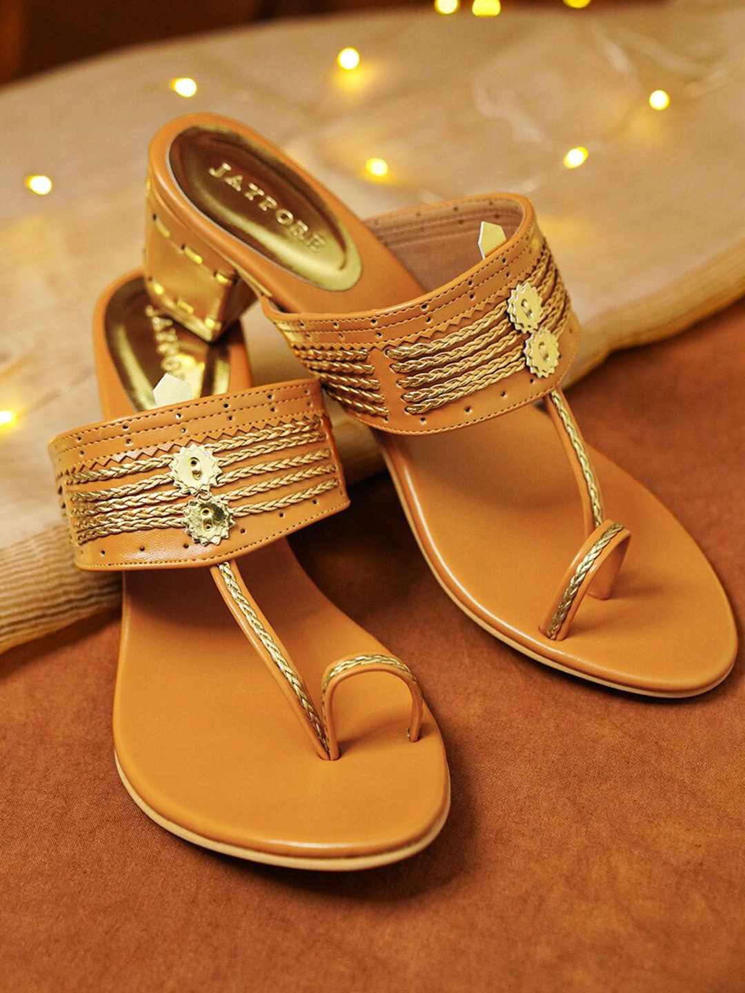 

JAYPORE Women Embellished Leather Block Sandals, Brown