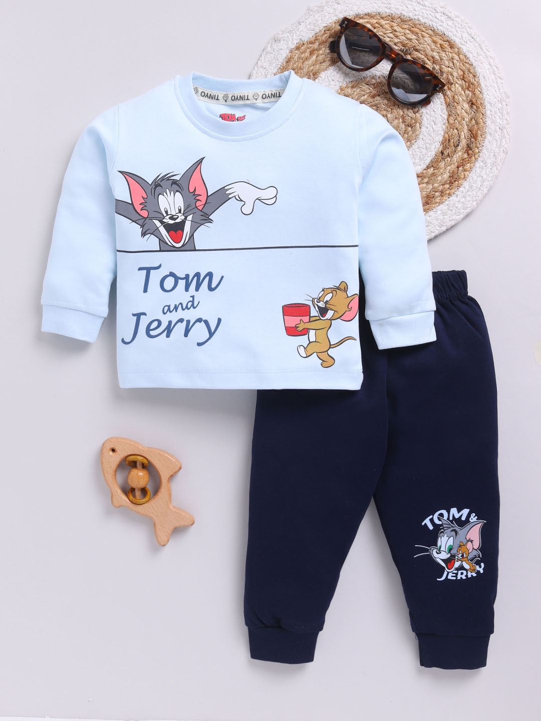 

YK X Tinyo Infant Boys Tom & Jerry Printed Pure Cotton T-shirt with Joggers, Blue