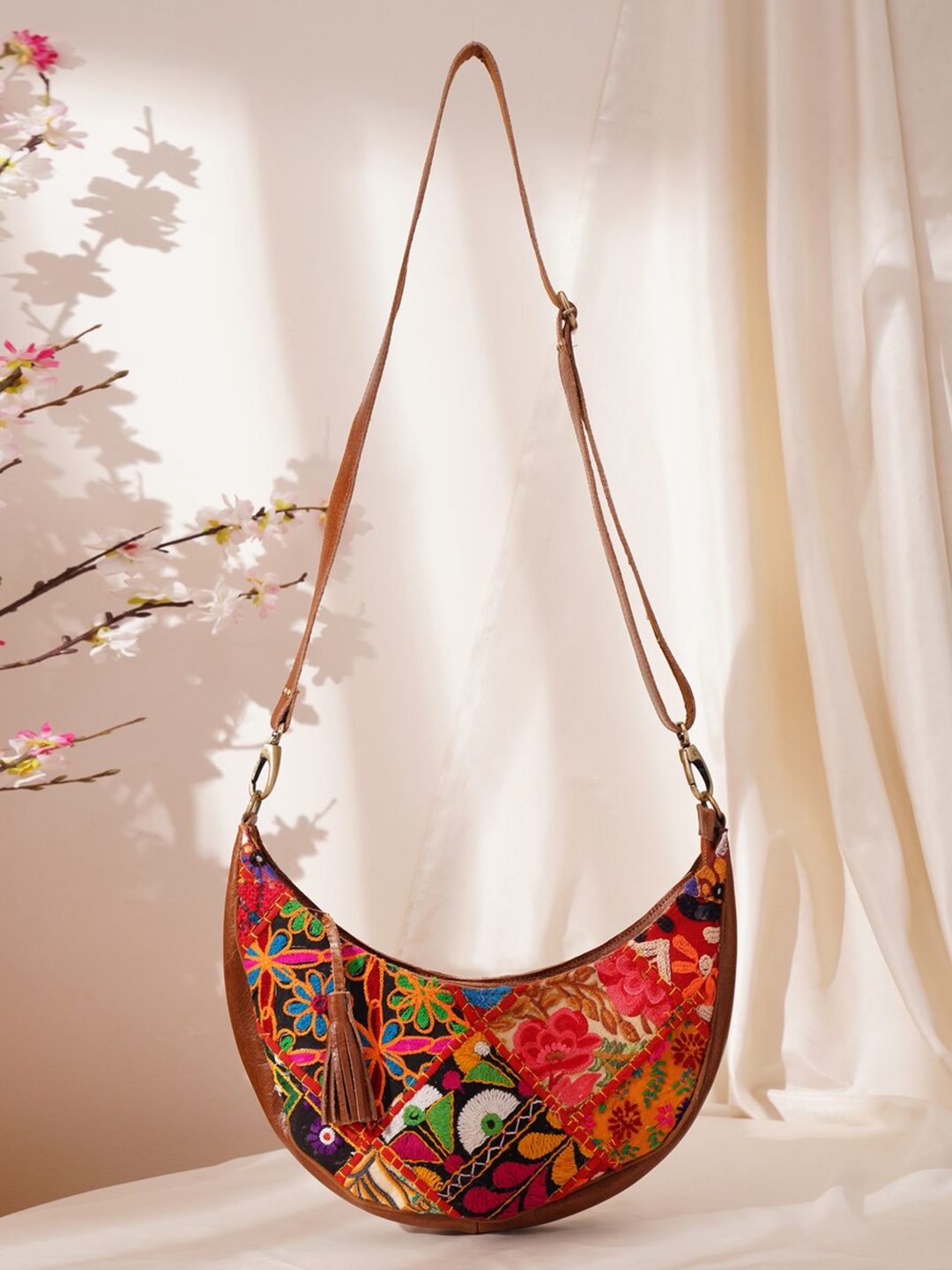 

JAYPORE Women Floral Printed Crossbody Leather Sling Bag, Brown