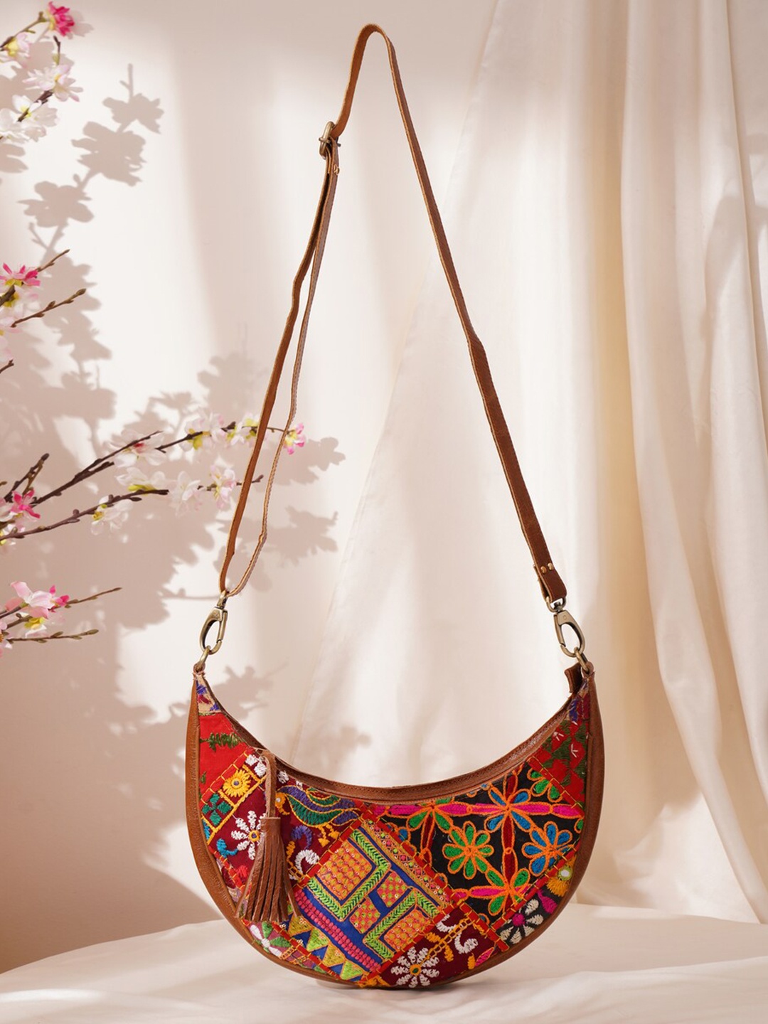 

JAYPORE Women Floral Printed Crossbody Leather Sling Bag, Brown