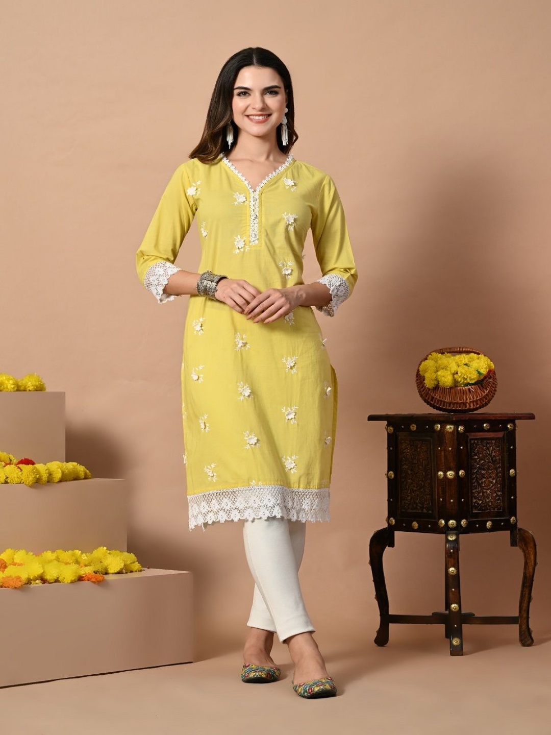 

CRENOL THREADS Women Kurta, Yellow