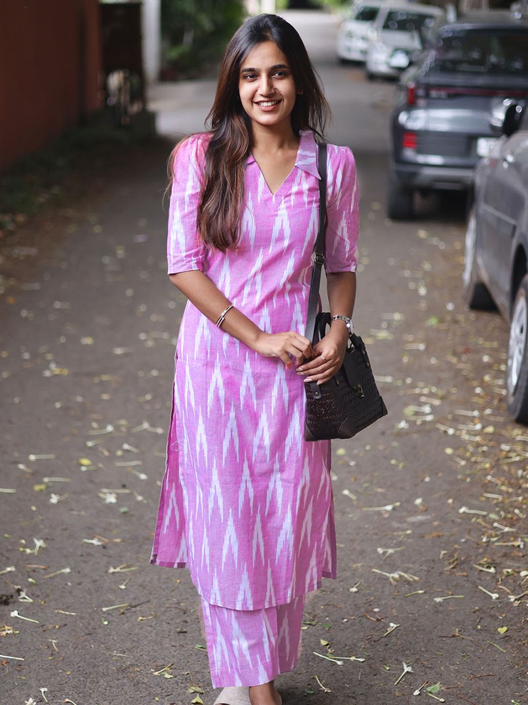 

Sun Fashion And Lifestyle Abstract Printed Shirt Collar Pure Cotton Top With Trousers, Pink