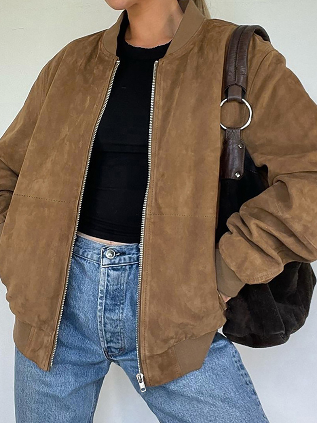 

StyleCast x Revolte Women Stand Collar Solid Casual Bomber Insulator Jacket, Brown