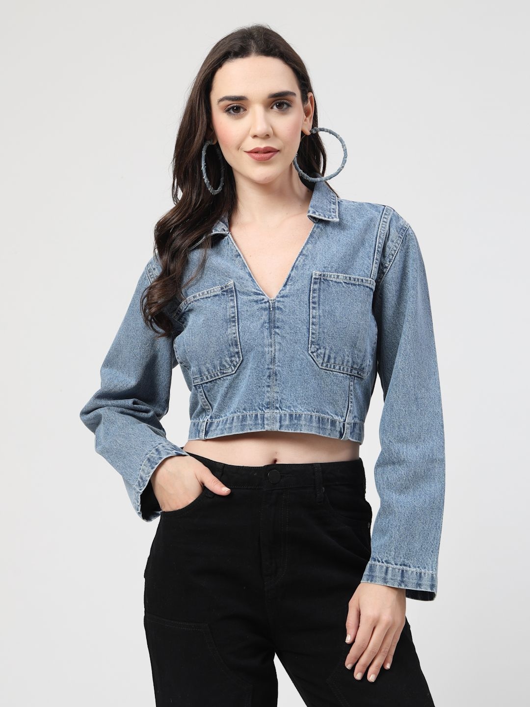 

COSMIC TRIO Women Spread Collar Solid Cotton Casual Lightweight Denim Jacket, Blue