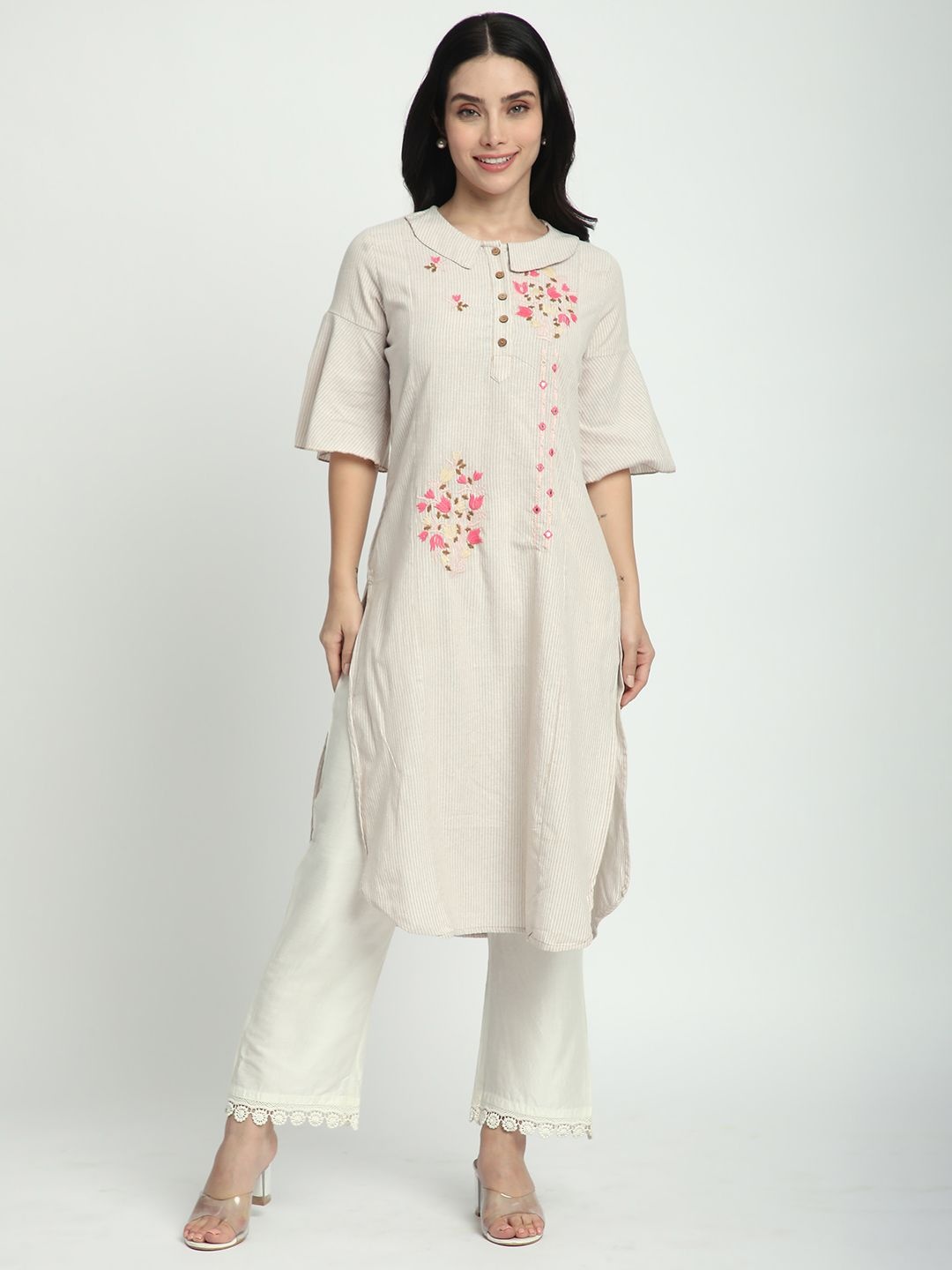 

R&B Women Printed Flared Sleeves Thread Work Kaftan Kurta, Beige