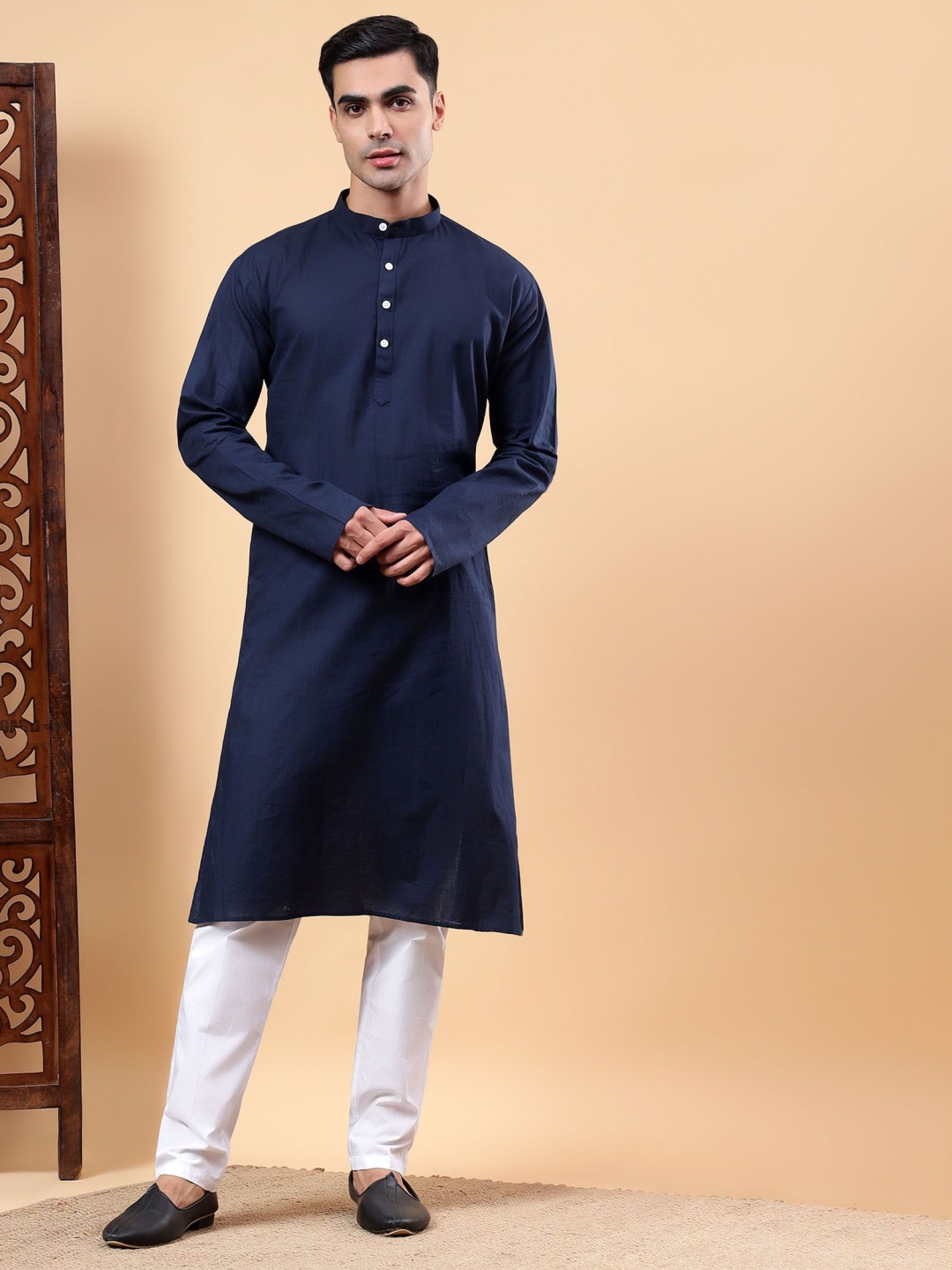 

Yugnik Men Regular Pure Cotton Kurta with Pyjamas, Navy blue