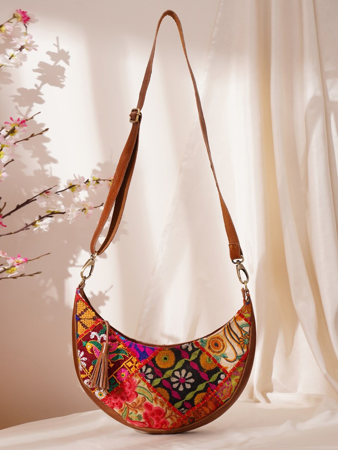 

JAYPORE Women Floral Embroidered Crossbody Leather Sling Bag, Brown