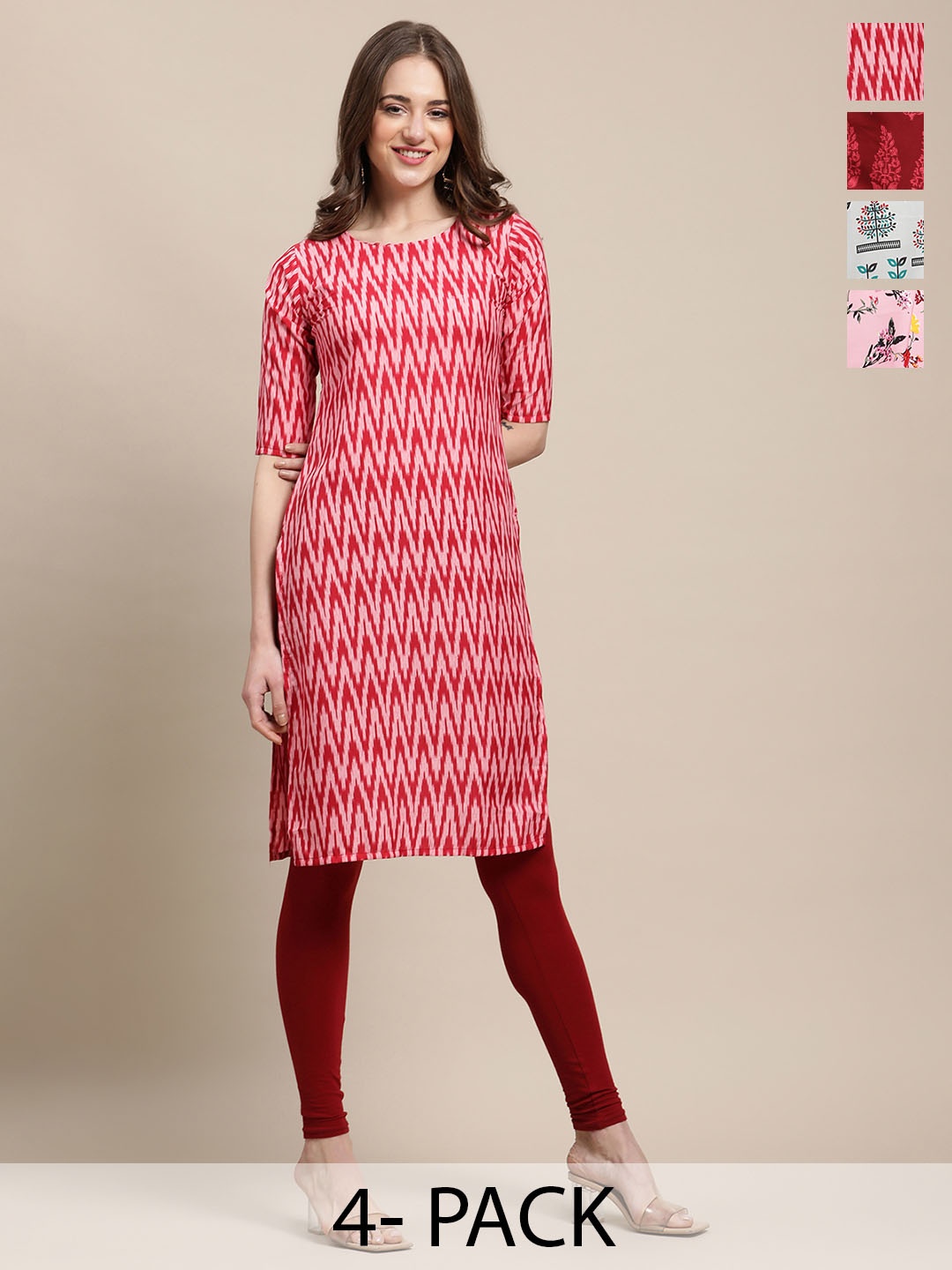 

7Threads Selection Of 4 Chevron Printed Straight Kurta, Red