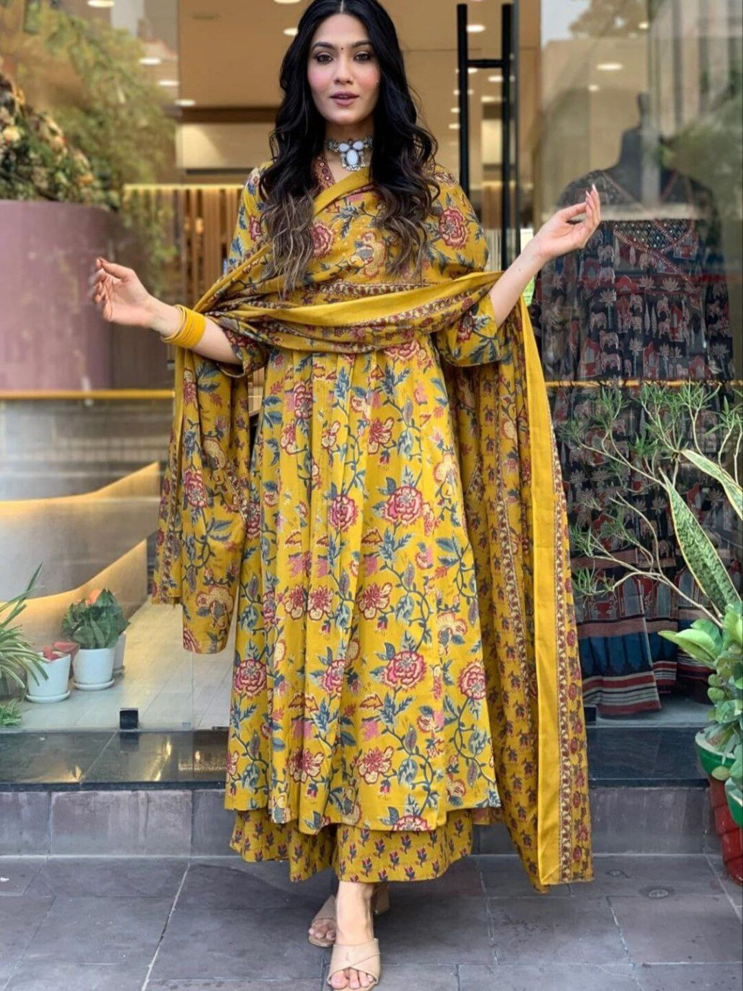 

Modestouze Attires Floral Printed V-Neck Pleated Anarkali Kurta With Palazzo & Dupatta, Mustard