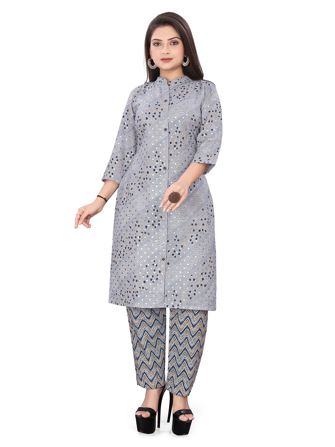 

BAESD Geometric Printed Pure Cotton Straight Kurta with Trousers, Grey